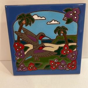 Masterworks handcrafted square ceramic tile trivet hummingbirds ocean view